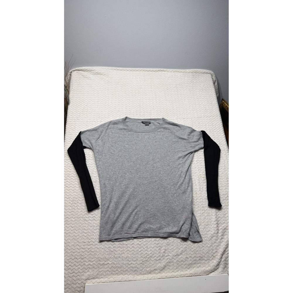 Vince Womens XS Colorblock Knit Sweater Heather Grey Black Crew Neck Side Slit
